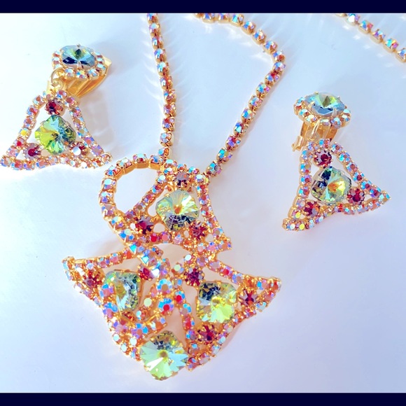 🔴 Vintage Rhinestone Necklace & Clip On Earrings - Picture 4 of 11